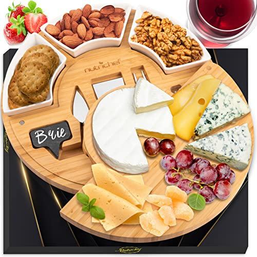 NutriChef Bamboo Cheese Board & Knife Set, Charcuterie Boards, Swiveling Serving Board, Cheeseboard Gift Set, Grazing Board Platter, Extra Large Round Plate w/ 3 Ceramic Bowls, Chalk & Slate Labels