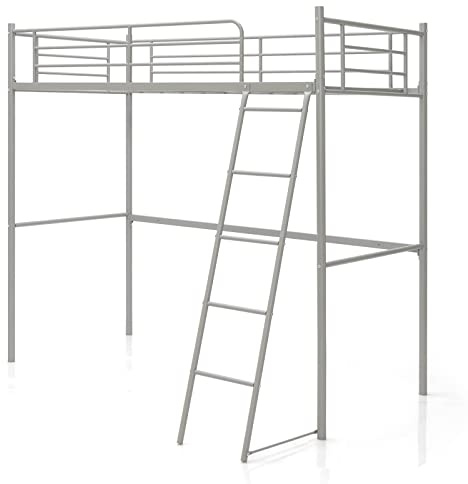 COSTWAY Metal Bunk Bed, Loft Bed Frame with Integrated Ladder & Safety Guardrail, Home Bedroom Apartment Dormitory Space-Saving Single High Sleeper Beds for Kids, Teens and Adults (Sliver)