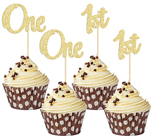 Gyufise Cupcake-Topper zum 1. Geburtstag, glitzernd, 1 Kuchendekoration, 1 Cupcake-Picker für Babyparty, 1. Geburtstag, Party, Kuchendekoration, Zubehör, Goldfarben, 24 Stück