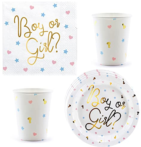 Partygeschirr Boy or Girl 44-teilig – Junge oder Mädchen? | Geschirrset Gender Reveal mit Tellern, Bechern & Servietten, Rosa-Blau-Gold Deko für Baby Shower, Babyparty, für 12 Personen