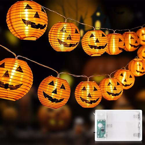 Auting Guirlande lumineuse d'Halloween à piles - 6 m - 20 LED - Citrouille orange - Lampion - Avec batterie - Étanche - Décoration d'Halloween pour l'extérieur et l'intérieur - Toussaint - Décoration