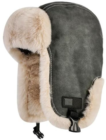 Reyox Unisex Fliegermütze Synthetisch Leder Winter Fellimitat Ushanka Trappermütze Winddicht Grau 1