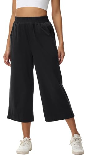 HMIYA Damen 3/4 Baumwolle Culotte Hose Leicht Sommerhose Mit Taschen Luftig | Weites Bein Freizeit Jogginghose, Elastisch Yoga Caprihose,Bequem Wohlfühlhose Hausmode