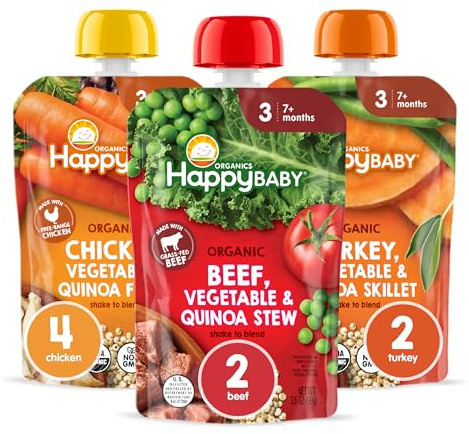 Happy Baby Organics Savory Blends Stage 3 Baby Food Puree, Meats & Veggies 3 Flavor Variety Pack (Pack of 8), Amazon Exclusive