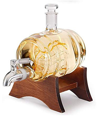 Estante para botellas Estante para vinos Soporte para copas de vino Decantador de whisky, Dispensador de licor de 1000 ml Decantador de barril hecho a mano con soporte de madera, Dispensador de bebi