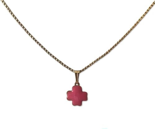 Collar con pequeña cruz esmaltada con cadena de acero inoxidable chapada en oro. Varios colores a elegir. Regalo Dia de la Madre, Cumpleaños, Aniversario, Profesoras,Confirmación (Rosa chicle)