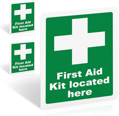 First Aid Kit Located Here Signs, 3 Pack, 200x150mm Vinyl Safety Stickers | Self-Adhesive, UV Matte Finish, BS 5499 Compliant, Indoor And Outdoor Use, Emergency Location Label For Workplaces