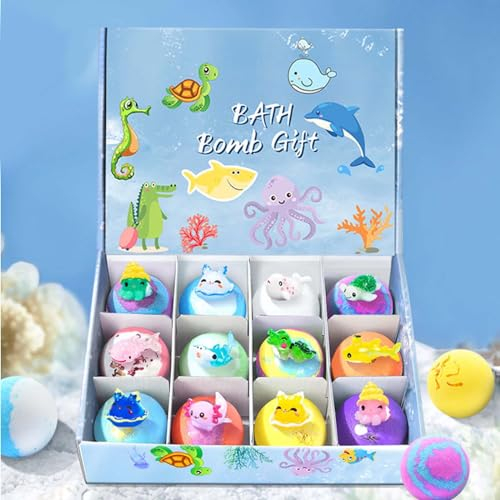Bombas de Baño para Niños con Regalo Sorpresa,12Pcs Set Bolas de Baño con Aceites Esenciales,Bombas de Baño de Espuma Natural Orgánicas Baño de Burbujas Regalos de Cumpleaños/Navidad para Niños Niñas