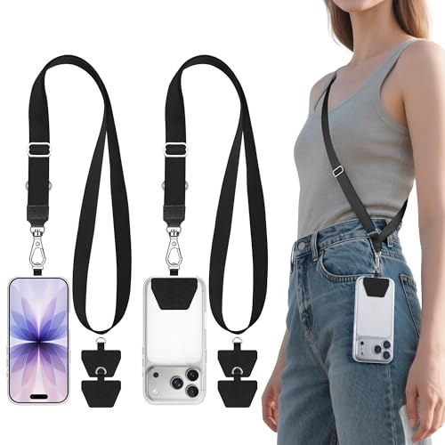 takyu 2 PCS Adjustable Phone Lanyard Neck Strap, Universal Mobile Phone Lanyard with 4 Adhesive Tethers for Smartphone Safety, Compatible for Iphone, Samsung, Huawei and Most Smartphone Black