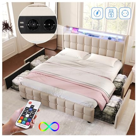 Bett 180x200 mit LED und USB, Polsterbett 180x200cm mit 4 Schubladen und Kopfteil, Doppelbett mit Stauraum und Lattenrost aus Holz, Stauraumbett Jugendbett Modernes Bettgestell -Beige