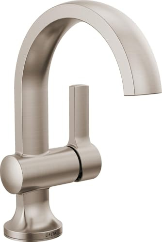 Delta Albion Brushed Nickel Bathroom Faucet 1 Hole, Single Hole Bathroom Sink Faucet for Vanity, Metal Push-Pop Drain Assembly, SpotShield Brushed Nickel 15855LF-SP