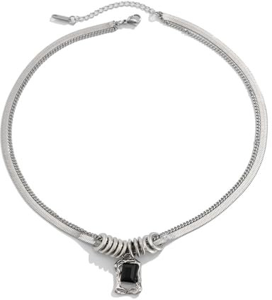 Epinki Kette Männer mit Anhänger, Partnerketten Doppelschichten Schlangenkette mit Kreis Rechteckig mit Zirkonia, Titan Schlangenkette Silber Schwarz, 45CM