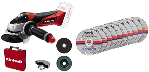 Einhell Amoladora angular con batería TE-AG 18/115 Li-Solo Acc Power X-Change (18V, 115 mm diámetro de disco, 28 mm profundidad de corte, arranque suave, sin batería) + Lata de 10 discos de 115