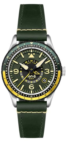 AVI-8 Men's 40mm Flyboy Airmaster GMT Automatic Fuselage Green Watch with Leather Strap AV-4128-03