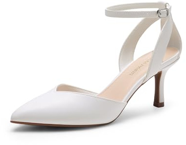 DREAM PAIRS Pointed Closed Toe Kitten Heels Stiletto Ankle Strap Women's Pumps Shoes for Women Wedding Party Dress Sandals,Size 6,White-Pu,DWUMPU2530