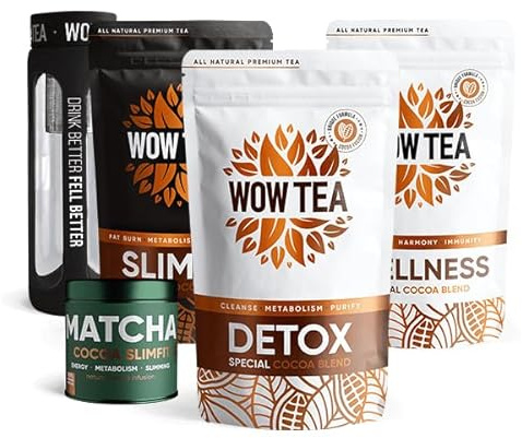 WOW TEA: Grand Cocoa Box - Cocoa SlimFit, Detox & Wellness Teas + Premium Matcha Cocoa SlimFit and Black Insulated Bottle