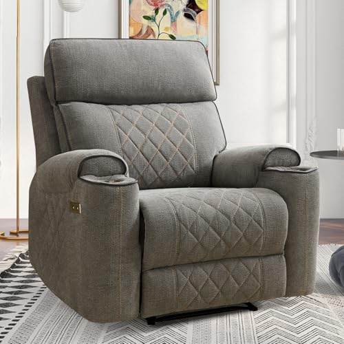 HAOMARKETS Electric Recliner Chair, Soft Fabric Power Recliners with Metal Cup Holders, Single Overstuffed Heavy Duty Reclining Sofa Chairs for Living Room Bedroom, Light Grey