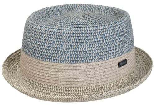Lipodo Ennario Pork Pie Strohhut Klassischer Schnitt Made in Italy Herren Frühjahr Sommer blau-grau XL (60-61 cm)
