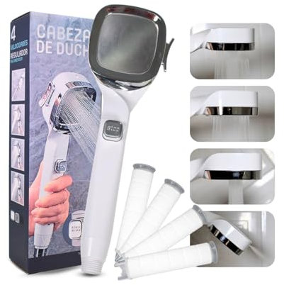 Alcachofa de ducha alta presión Blanco | Cabezal de ducha con filtro antical con 4 modos y ahorro de agua | Incluye 4 filtros y un cabezal de ducha Blanco.