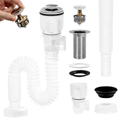 Hshenjhu Sifón Lavabo Flexible Kits, Kit de Sifon Desague Lavabo con Tubo Fregadero Desague y Filtro Emergente Sifon Lavabo, Desagüe para Lavabo, Kits Desague Lavabo para Baños, Cocinas (Bianco)