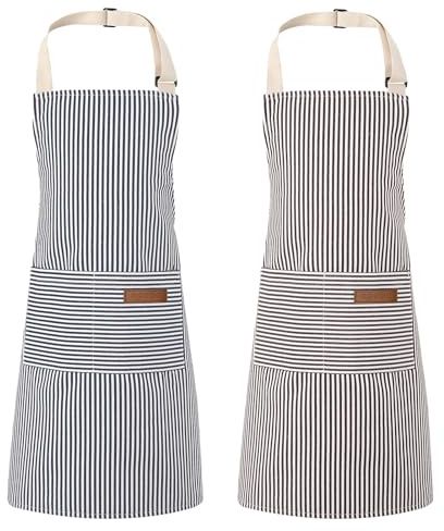 Livdouyu 2 Stück Schürze Kochschürze Verstellbare Küchenschürze mit Taschen | Frauen und Männer Kittelschürze,Baumwolle Schürze,gestreiftes Design,zum Kochen, Malen, Backen, Hausarbeiten