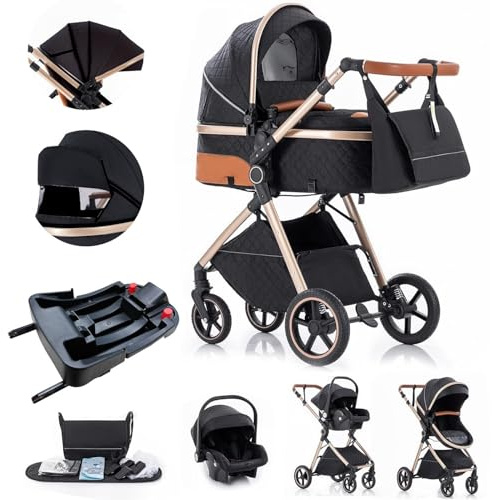 Gcarebb Cochecito 3 en 1, sistema de viaje con base Isofix, cochecito de bebé con asa ajustable en altura, carrito de viaje con cubierta de lluvia, cochecito de bebé con marco de aluminio para recién