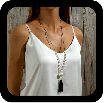 TseenYi Bohemia Long Tassel Chain Sweater Necklace Large Pearl Leather Pendant Necklace Black Fringe Y Drop Necklaces Adjustable Pearl Beads Necklaces Chain Jewelry for Women