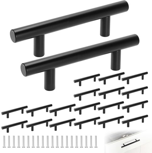 UOSIWYA 20 PCS Black Kitchen Cupboard Handles, Door Drawer Cabinet Handles 128 mm Stainless Steel T Bar Wardrobe Furniture Pulls for Cabinets Drawers (Overall Length: 200mm)