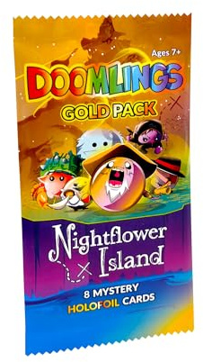 Doomlings Nightflower Island guldpaket, samlarobjekt holofoil kortspel, skuggdockor, slottsglas och Mokoko Village Expansions