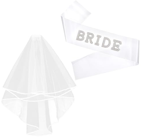 Bride Veil and Sash Set, Short White Veil, Pearl Satin Sash, for Wedding, Engagement Supply, Bachelorette Party, Bridal Shower Gifts