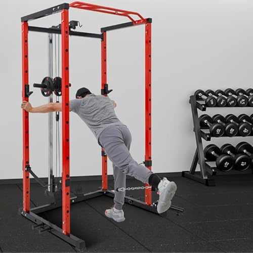IDEAHOUSE Home Gym Power Cage - 1600 LBS Weight Capacity Squat Rack with LAT Pulldown, Cable Pulley System, j-Hooks, Dip Bars & Landmine Attachment