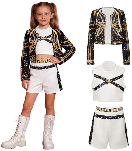 YEJAHY Disfraz para niña, diseño de estrella del pop para niña, disfraz de Ru-mi, juego completo para fiesta temática, disfraz de ídolo para escenarios, carnaval, Halloween (negro,140)