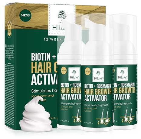 Hiluva Biotin + Rosmarin MEN Haarwuchs Aktivator Schaum – Serum gegen Haarausfall & dünnes Haar – Mit Rosmarinöl, Biotin & Ingwer für Männer – Scalp Care & Volumen Booster – Elixier für die Haarwurzel