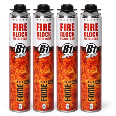 Mousse polyuréthane coupe-feu FOME FLEX Fire Block – pistolable, haute résistance, joints minéraux & métalliques – 4 x 750 ml, résistance au feu jusqu’à 240 min, étanchéité fumée & gaz