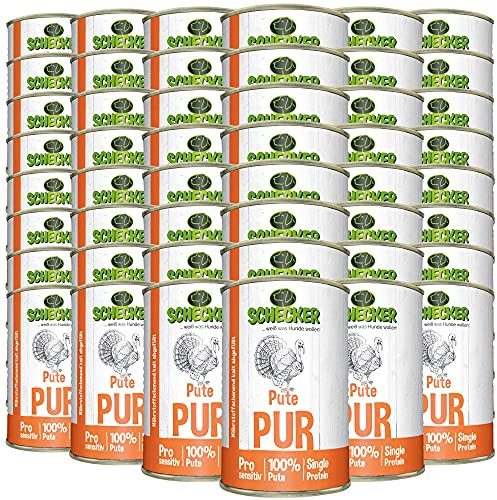 Schecker Nassfutter getreidefrei - 100% Pute PUR - 48 x 410 g - hypoallergen - Hundefutter - sensitiv - Single Protein