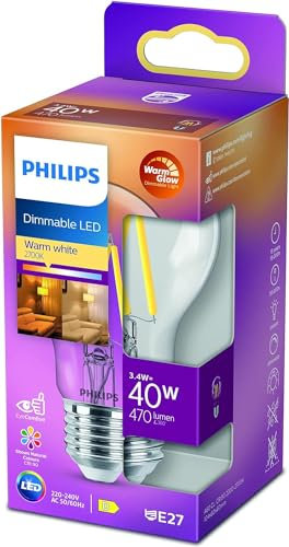 Philips LED Lampadina, Goccia, Filamento, WarmGlow, 3.4-40W, Dimmerabile, E27, 1 Pezzo