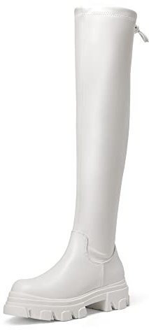 DREAM PAIRS Women's Over The Knee Platform Thigh High Boots Long Stretch Soft Chunky Lug Sole Fall Boots,Size 9,White/Pu,SDOB222W