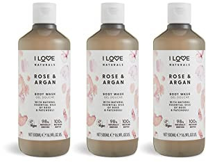 I LOVE Naturals Rose & Argan Body Wash – Sanftes Duschgel mit Rosen- & Patchouliöl – 100% Recycelte Flasche – Vegan 3x 500ml