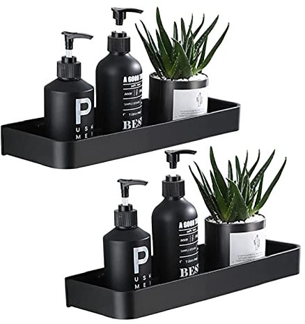 Camkum Duschablage Ohne Bohren Schwarz, 2 Stück Badezimmer Regal Selbstklebend Aluminium, Duschregal Shampoo Halterung für Bad Küche