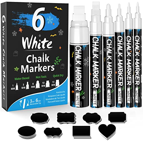 KERIFI White Liquid Chalk Pens, Window Markers for Glass Washable, for Just Married Car Decorations, Wedding Signs, Back to School Graduation Celebration, Bistro Jars Blackboard (6 Count 5 Nib Sizes)