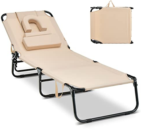 COSTWAY Tumbona Plegable XXL 63X194X37cm, Respaldo Reclinable en 5 Posiciones, 2 Posiciones de Pierna, 3 Cojines Extraíbles, Tela Oxford, Tumbona Jardin Exterior Playa Piscina, Carga 160kg (Beige)