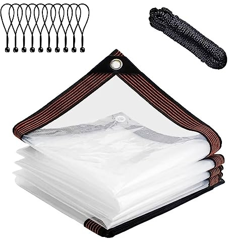 Clear-Tarps-With-Grommets-7X10-Feet, PE Tarps Transparent Tear Resistant Waterproof Greenhouse Tarp for Balcony Tent Cover Gardening Chicken Coop