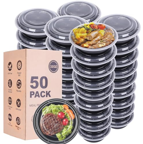 WGCC Meal Prep Containers with Lids - 50Pack 32OZ Meal Bowls, Round To Go Containers, BPA-Free, Freezer & Dishwasher Safe