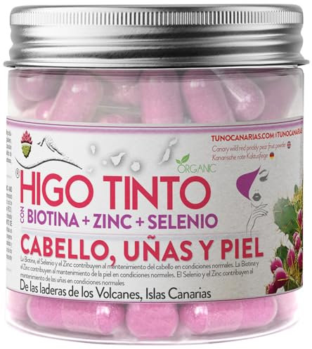 Cuidado de cabello, piel y uñas – Bio y vegano – Biotina + Zinc + Selenio – 90 cápsulas – Sin aditivos – Con HIGO TINTO de Tuno Canarias