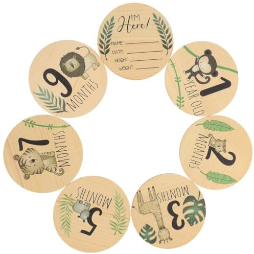 XKSOCT 7 Stück Meilensteine Baby Monatskarten-Meilensteinkarten Baby Holz- mit farbigen Tierchen bedruckt mit Aufsteller für monatskarten baby