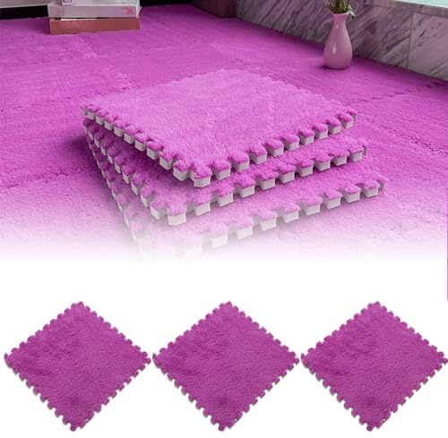10 Piece Plush Patchwork Foam Floor Mat, 12 X12 Thick Kids Interlocking Floor Carpet Squares, Plush Puzzle Foam Floor Mat, Fluffy Puzzle Area Rug Game Pad (Purple)