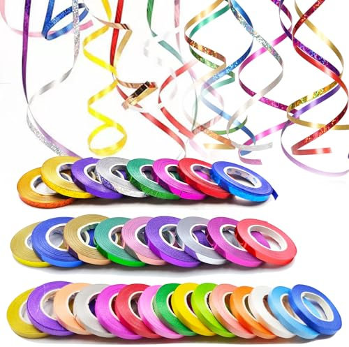 32 Rollen Gekräuselte Ballonschnur, 5mm x 10m Glänzendes Laserband, Glänzendes Laserband in Bunten Farben, Metallisches Ballon Kräuselband, Gekräuseltes Ringelband für Basteln Geburtstags Party Deko