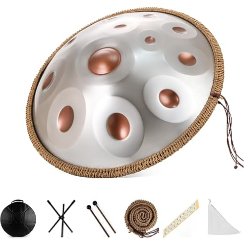 Handpan-Trommel (22 Zoll) 12 Töne, 432 Hz, D-Kurd-Moll, Stahlhandtrommel Mit Weichen, Reinen Melodischen Tönen, Zungentrommel Mit Handtrommelständer, Trommelstöcken, Soft Handpan Bag(Golden eye)