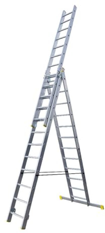 Bayersystem BS-DW 3x12 Mehrzweckleiter, 3x12 Sprossen, 3-teilige Alu-Kombileiter, bis 150 kg belastbar, max. Arbeitshöhe 7,72 m, Klappleiter, Multifunktionsleiter, Stehleiter, Silber/Gelb