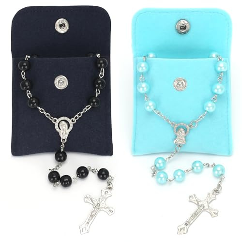 QMLING Lot de 2 chapelets catholiques avec croix et image de Marie, Rosary avec 2 sacs à boutons, chapelet chrétien pour prières et cadeaux